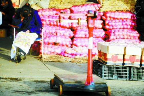 水果批發(fā)市場(chǎng)內(nèi)，沒(méi)有客戶(hù)時(shí)，商戶(hù)在繡十字繡