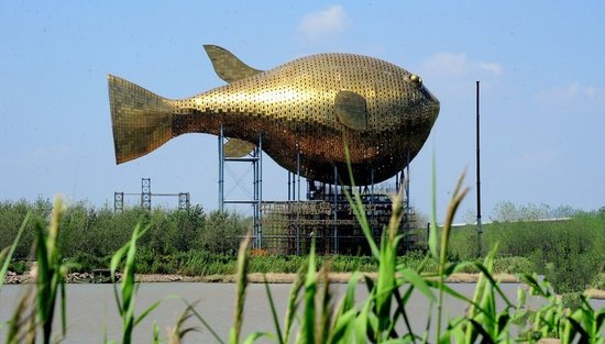 昨天，揚(yáng)中市西沙島，正在施工的河豚塔金光閃閃