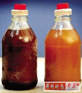 兩種油的顏色差別很大。（左為真）