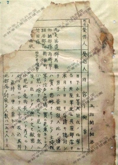 1944年《郵政檢閱月報(bào)(二月)》中的一份文件,文件記載了日軍在掃蕩一個村落時,所有男子被殺,小孩被扔進(jìn)火中,共有150人遇害。新華社發(fā)