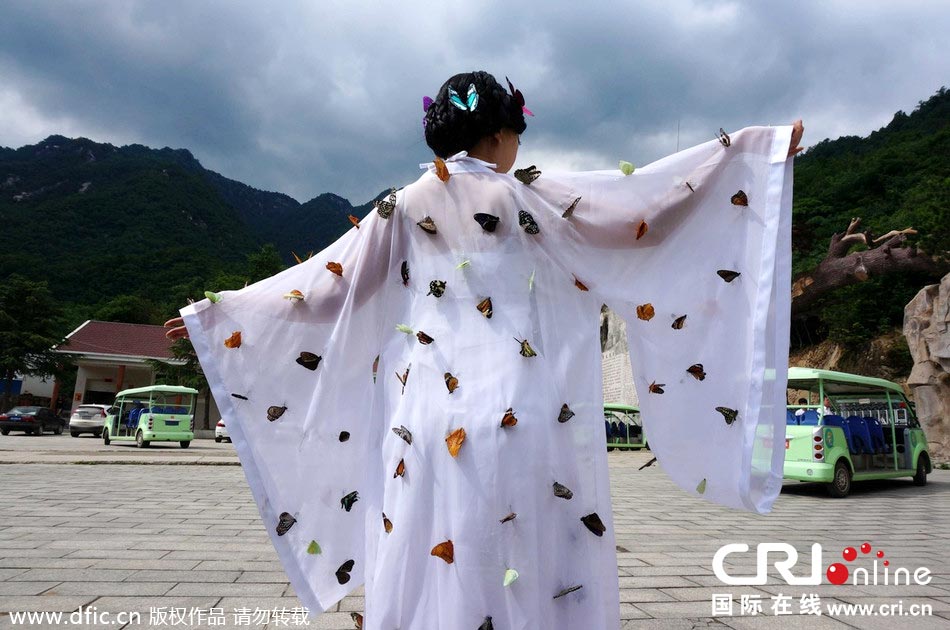 “蝴蝶仙子”身穿上百只剛剛扎死的蝴蝶。圖片來源：老祝/東方IC