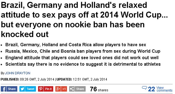 賽前下達(dá)禁欲令的球隊已經(jīng)全部遭到淘汰 賽前下達(dá)禁欲令的球隊已經(jīng)全部遭到淘汰