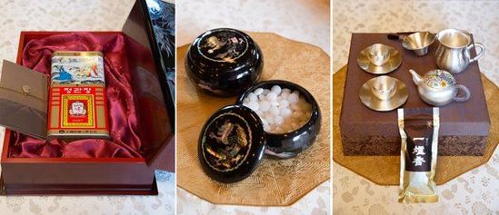 　當地時間2014年7月4日，韓國總統(tǒng)樸槿惠向中國國家主席習近平贈送的紅參和茶具等。
