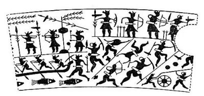 衛(wèi)輝市山彪鎮(zhèn)發(fā)掘出的戰(zhàn)國水陸攻戰(zhàn)紋銅鑒，上面有古人乘舟水戰(zhàn)的場面。